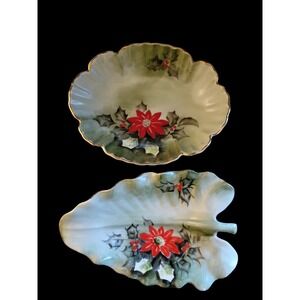 Pair of Vintage LEFTON Handpainted China Leaf Dish Bowl Poinsettia Christmas Set